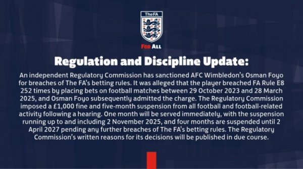 官方：英甲球员福约252次违反博彩条例，被罚款1000镑+禁赛5个月