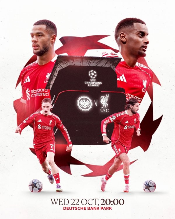 利物浦发布欧冠客战法鹰海报：维尔茨、伊萨克、索博、加克波在列