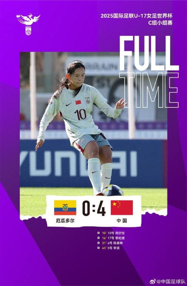 U17女足世界杯赛  C组小组赛，中国4比0厄瓜多尔，小组第二进军出回合赛